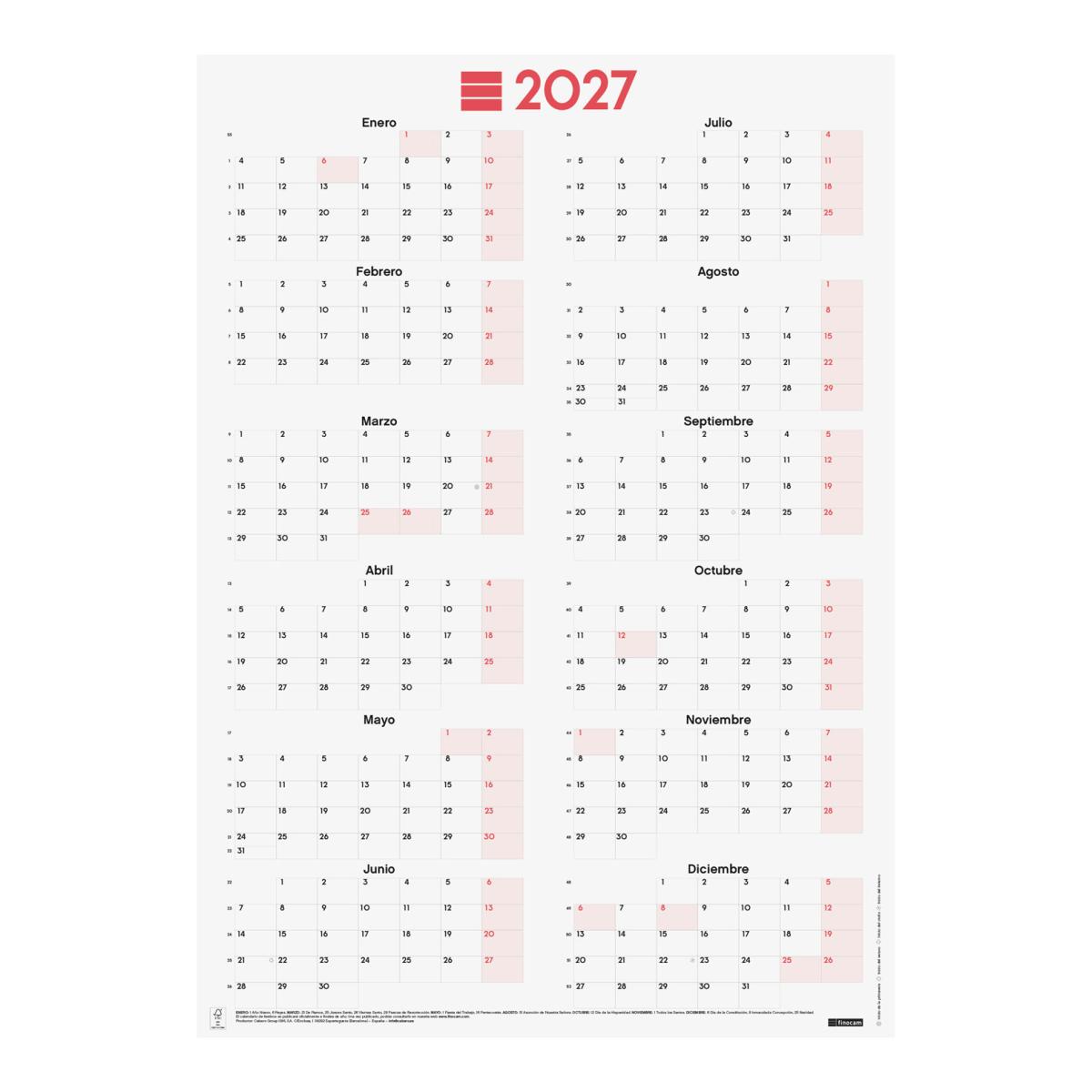 Póster Calendario Mixto año 2027 Neutro 485x680 mm Año Vista Finocam castellano Multicolor-6