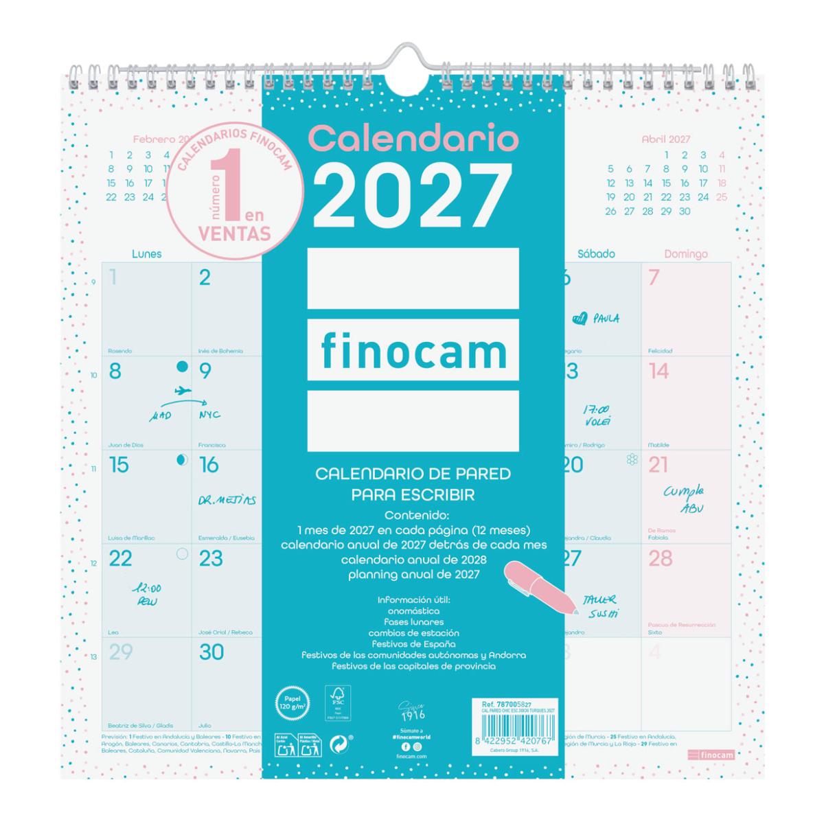 Calendario pared año 2027 Trendy Chic 300x300 mm Mes Vista Finocam turquesa castellano Turquesa-1