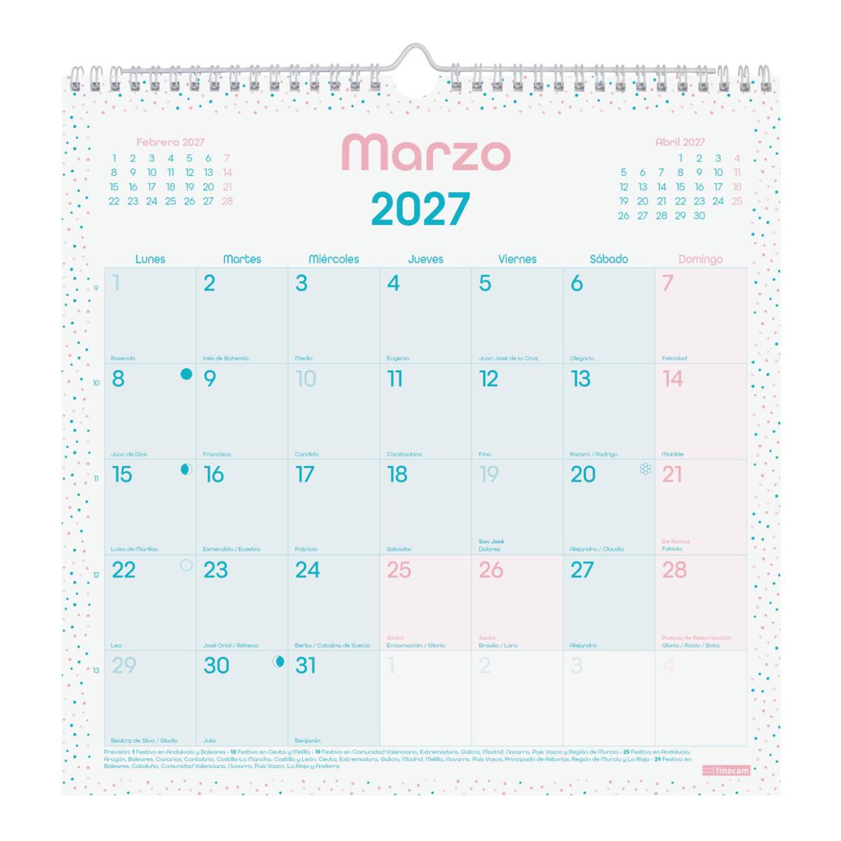 Calendario pared año 2027 Trendy Chic 300x300 mm Mes Vista Finocam turquesa castellano Turquesa-3