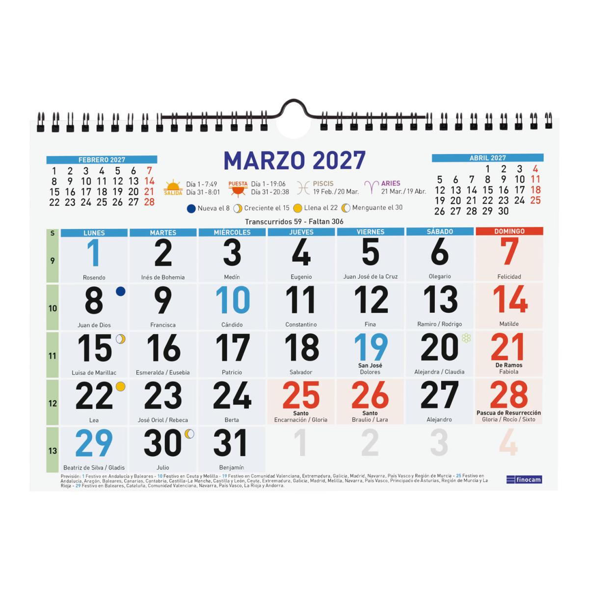 Imagen 3 de Calendario pared año 2027 Trendy Color números grandes M-300x210 mm Mes Vista Finocam castellano Multicolor