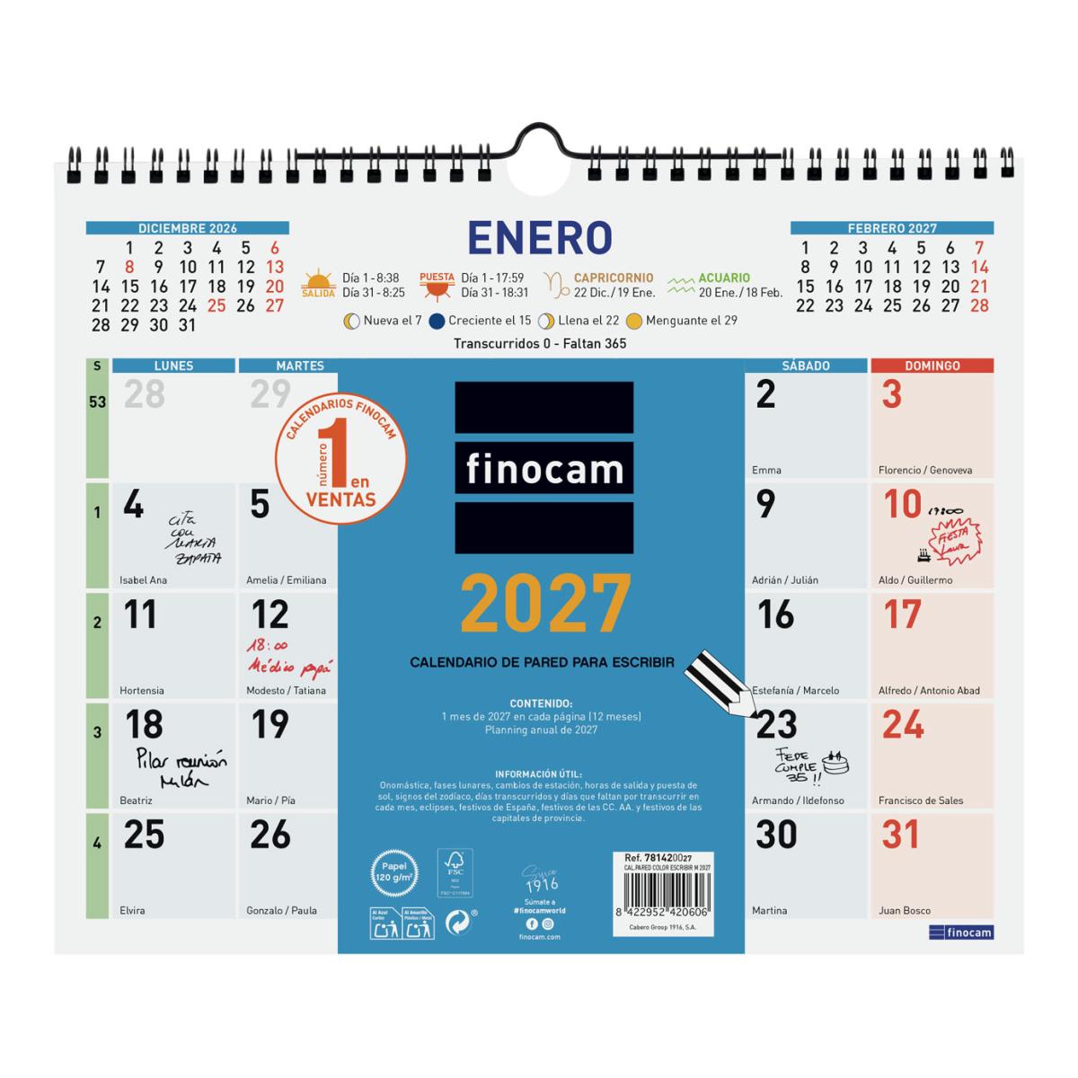 Calendario pared año 2027 Trendy Color escribir M-300x247 mm Mes Vista Finocam castellano Multicolor-1