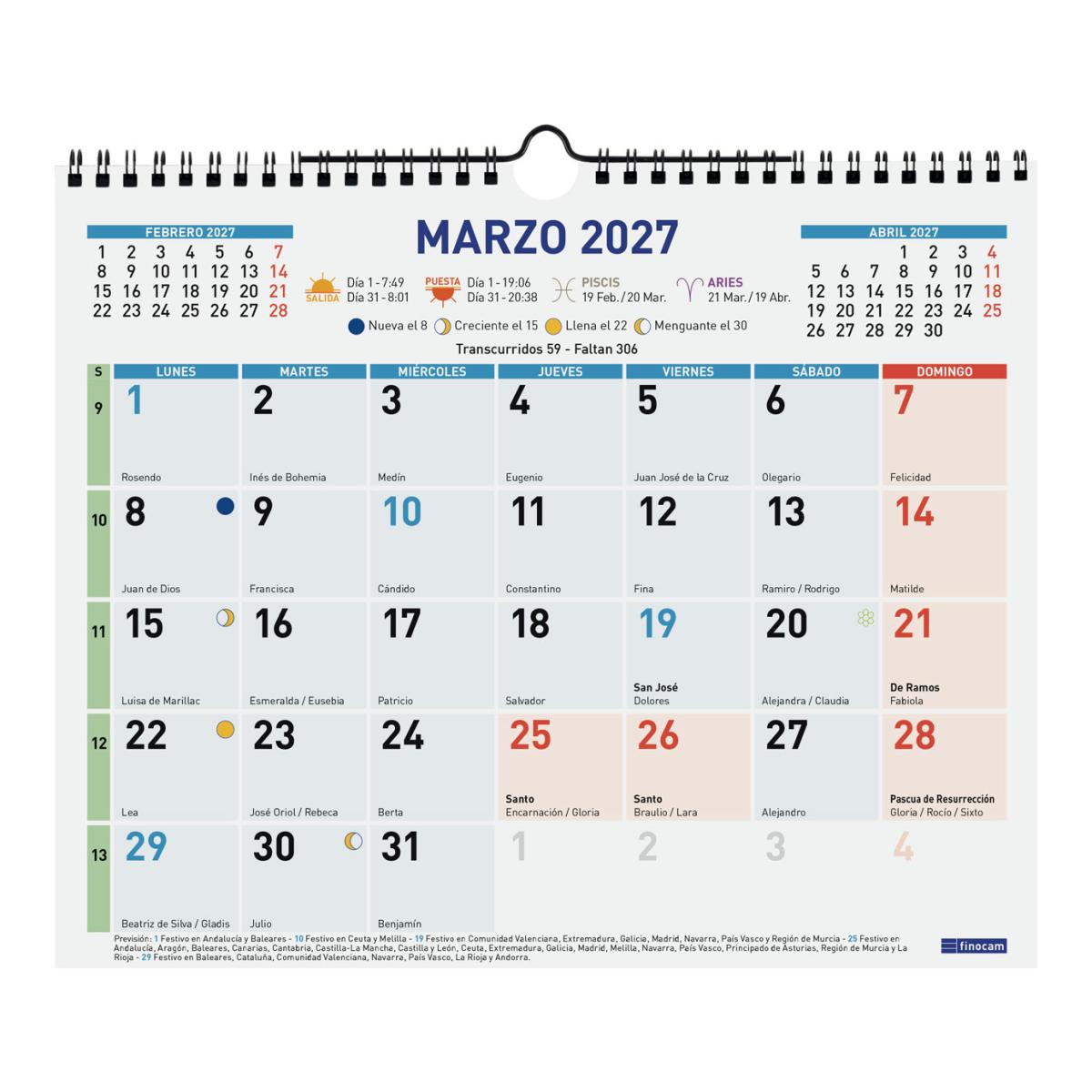 Calendario pared año 2027 Trendy Color escribir M-300x247 mm Mes Vista Finocam castellano Multicolor-3