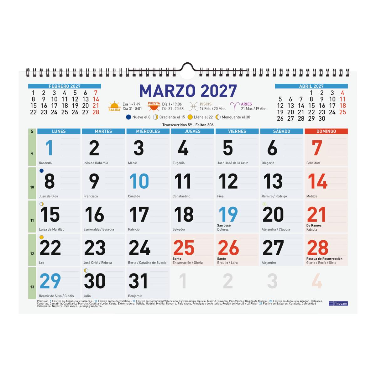 Calendario pared año 2027 Trendy Color mixto L-430x310 mm Mes Vista Finocam castellano Multicolor-3