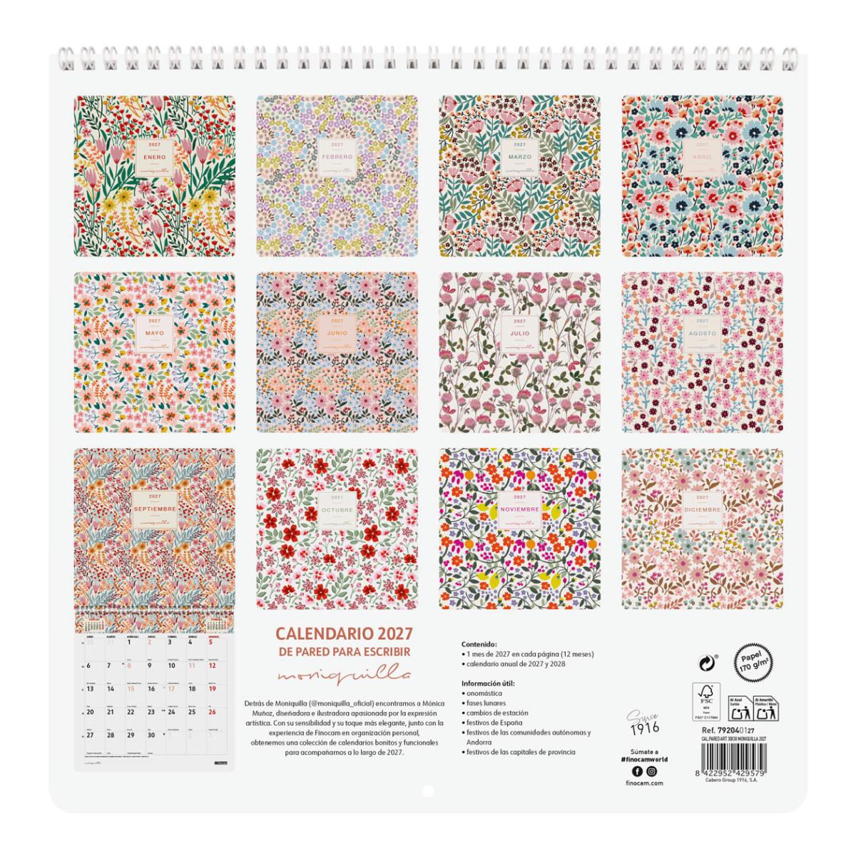 Calendario pared año 2027 Art 300x300 mm Mes Vista Moniquilla Finocam castellano Multicolor-3