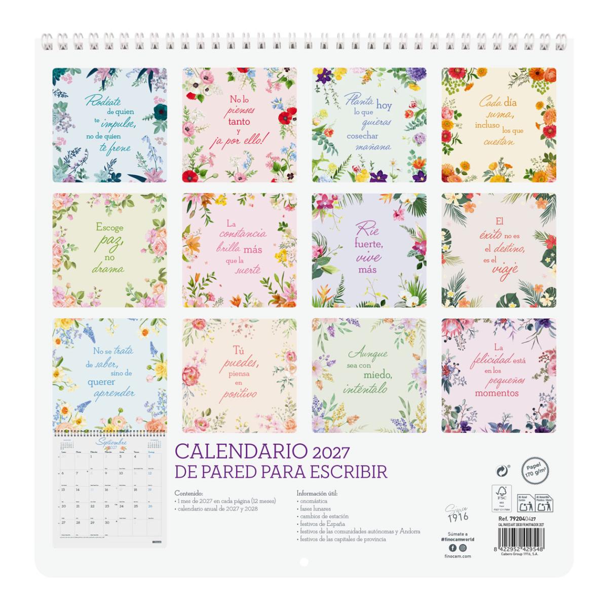 Calendario pared año 2027 Art 300x300 mm Mes Vista Frases motivadoras Finocam castellano Multicolor-3