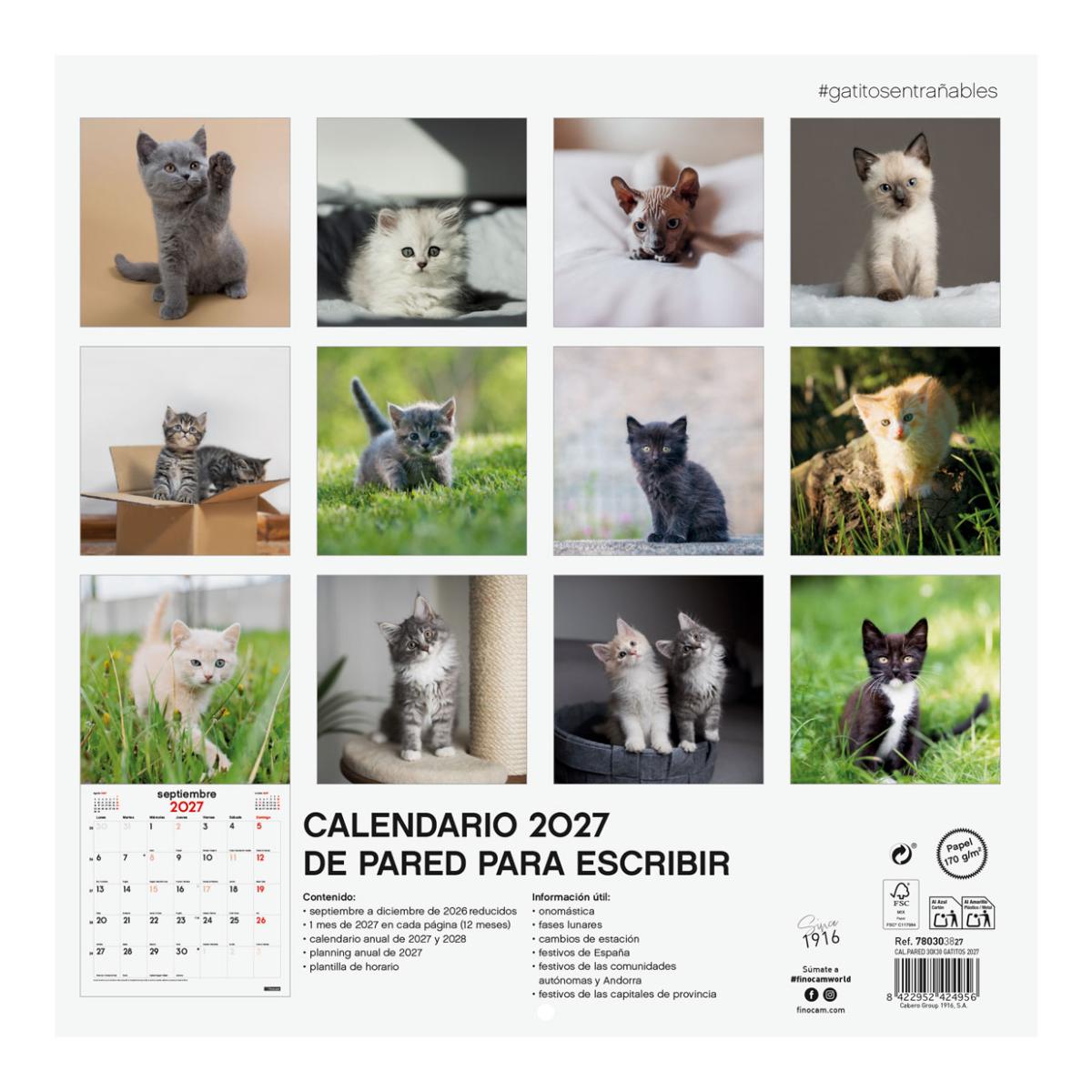 Imagen 4 de Calendario pared año 2027 Imágenes 300x300 mm Mes Vista Gatitos Finocam castellano Multicolor
