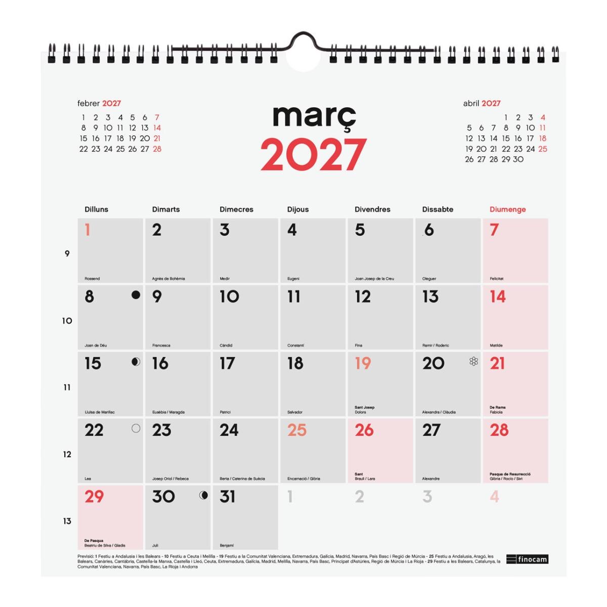 Calendario pared año 2027 Neutro escribir 300x300 mm Mes Vista Finocam catalán Multicolor-3
