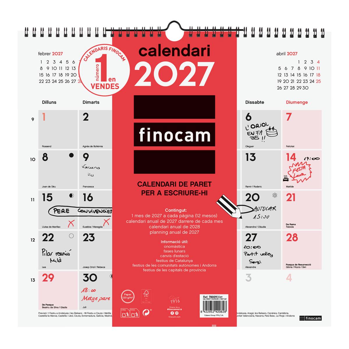 Calendario pared año 2027 Neutro escribir L-340x320 mm Mes Vista Finocam catalán Multicolor-1