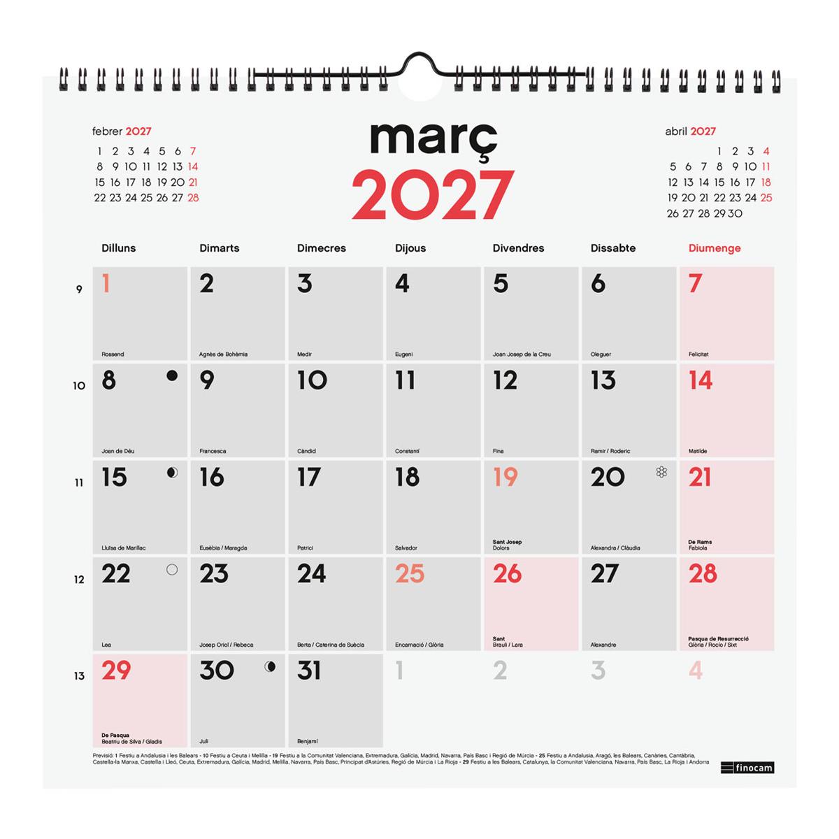 Calendario pared año 2027 Neutro escribir L-340x320 mm Mes Vista Finocam catalán Multicolor-3