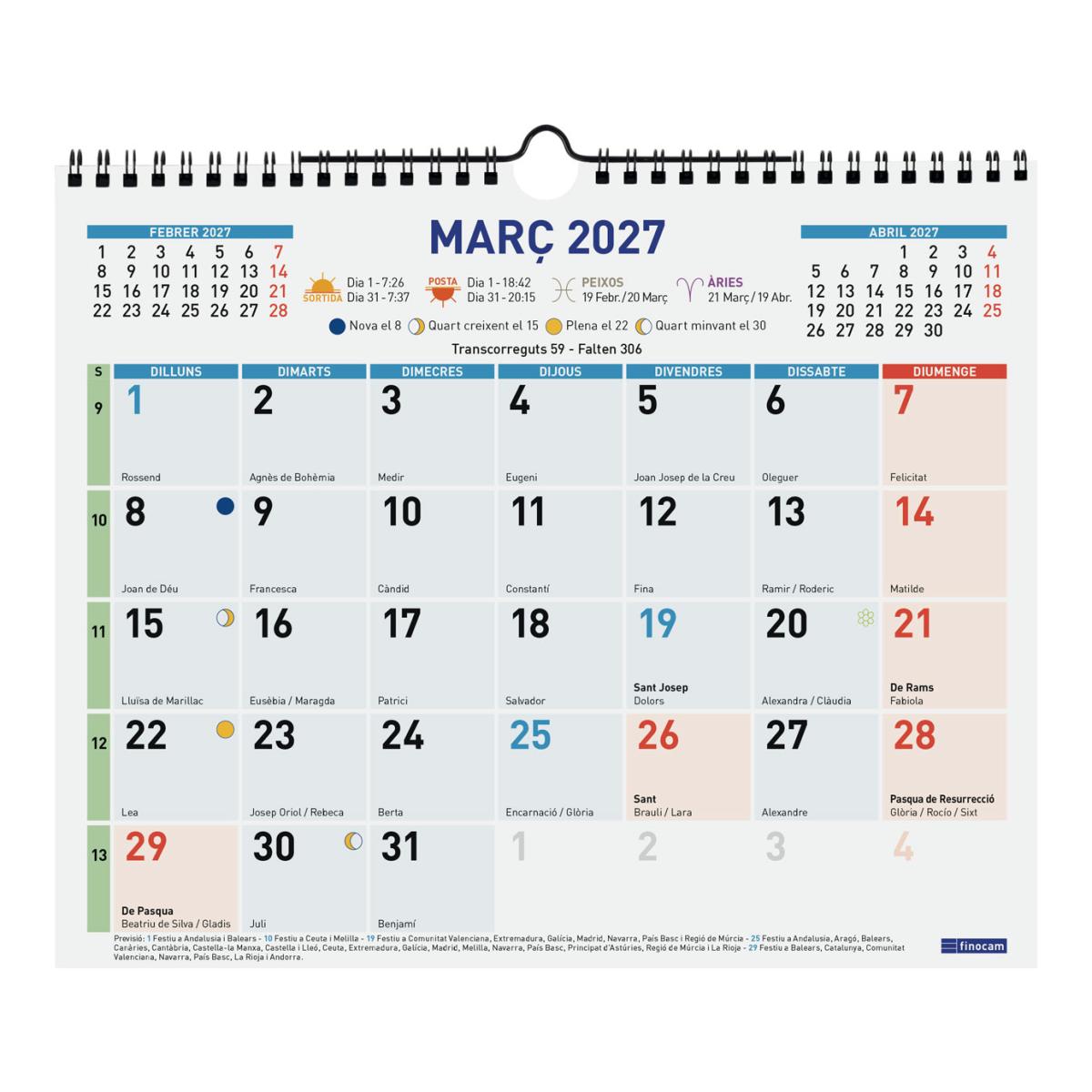Calendario pared año 2027 Trendy Color escribir M-300x247 mm Mes Vista Finocam catalán Multicolor-3