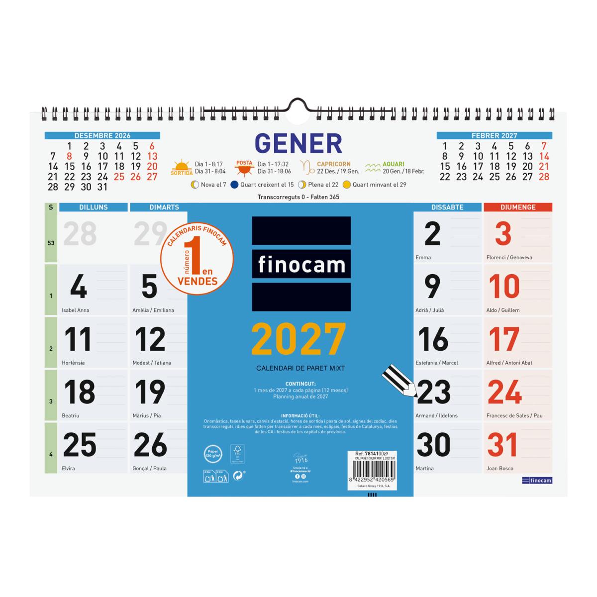 Calendario pared año 2027 Trendy Color mixto L-430x310 mm Mes Vista Finocam catalán Multicolor-1