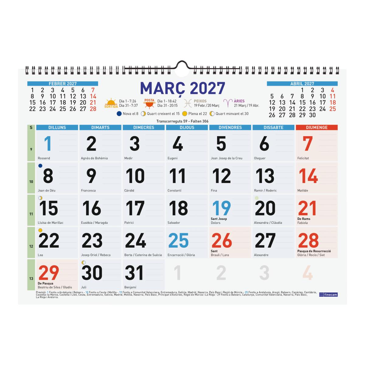 Calendario pared año 2027 Trendy Color mixto L-430x310 mm Mes Vista Finocam catalán Multicolor-3