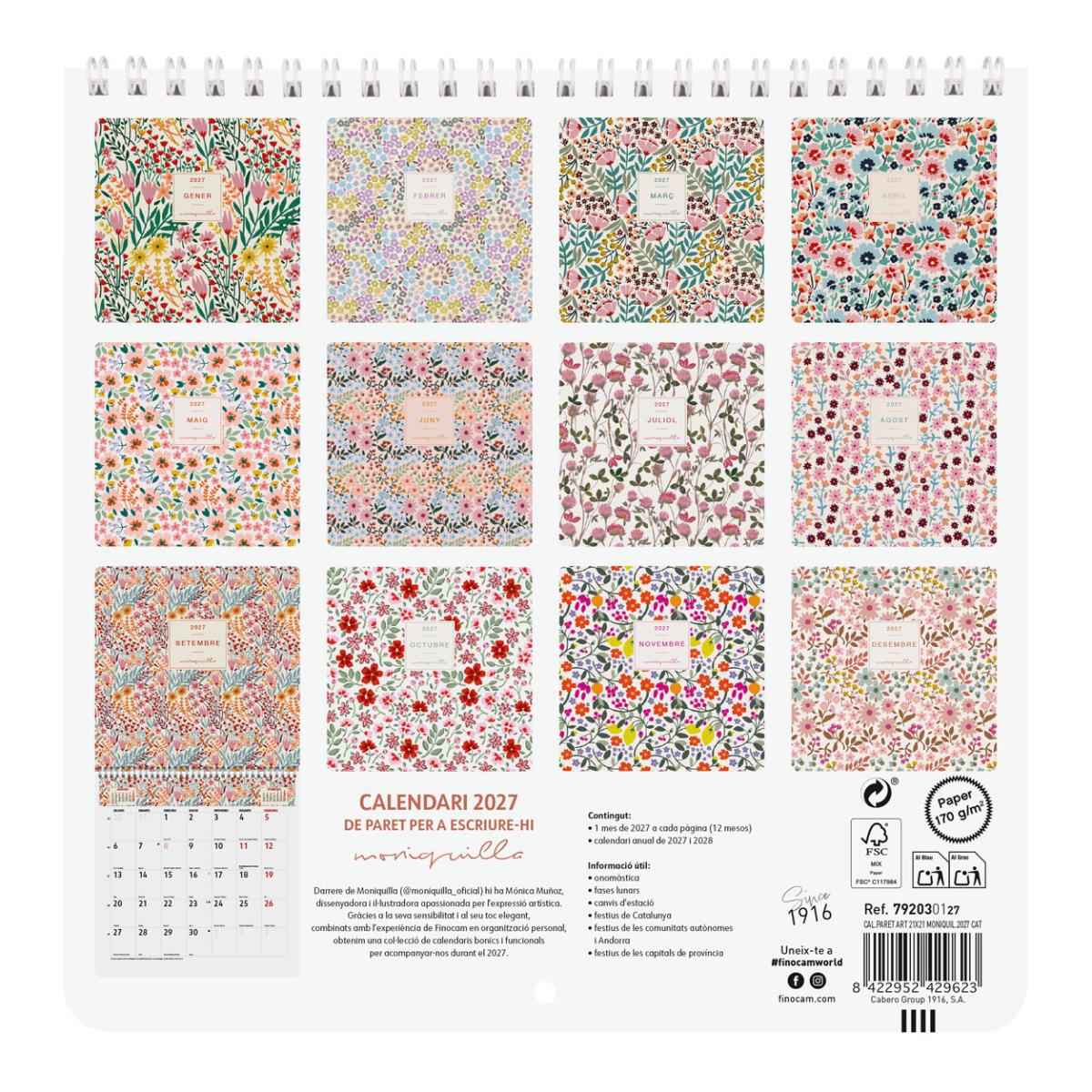 Calendario pared año 2027 Art 210x210 mm Mes Vista Moniquilla Finocam catalán Multicolor-3
