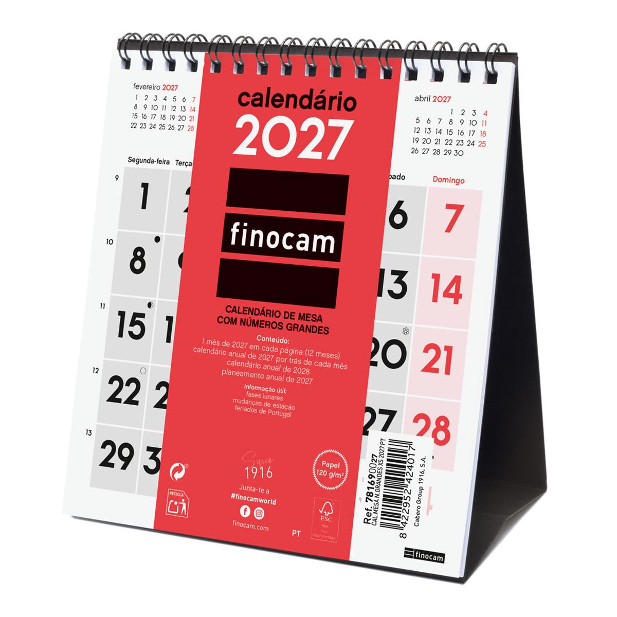 Imagem 0 de Calendário de secretária para o ano de 2027, neutro, números grandes, XS-140x150 mm, visualização mensal, Finocam, em português