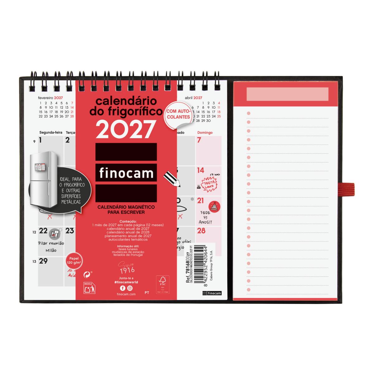 Imagem 0 de Calendário de parede em espiral com íman e bloco de notas, ano de 2027, Neutro, XS-140x150 mm, visualização mensal, Finocam, em