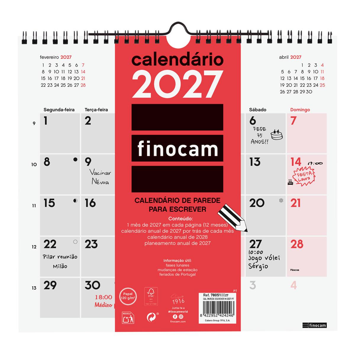 Imagem 0 de Calendário de parede para o ano de 2027, neutro, para preencher, M-265x245 mm, vista mensal, Finocam, em português