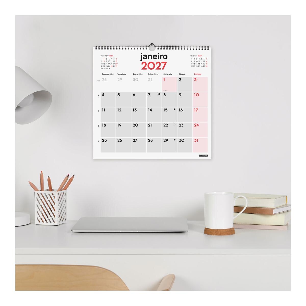 Calendário de parede para o ano de 2027, neutro, com dias escritos por extenso, L-155x430 mm, vista mensal, Finocam, em português Multicolor-2