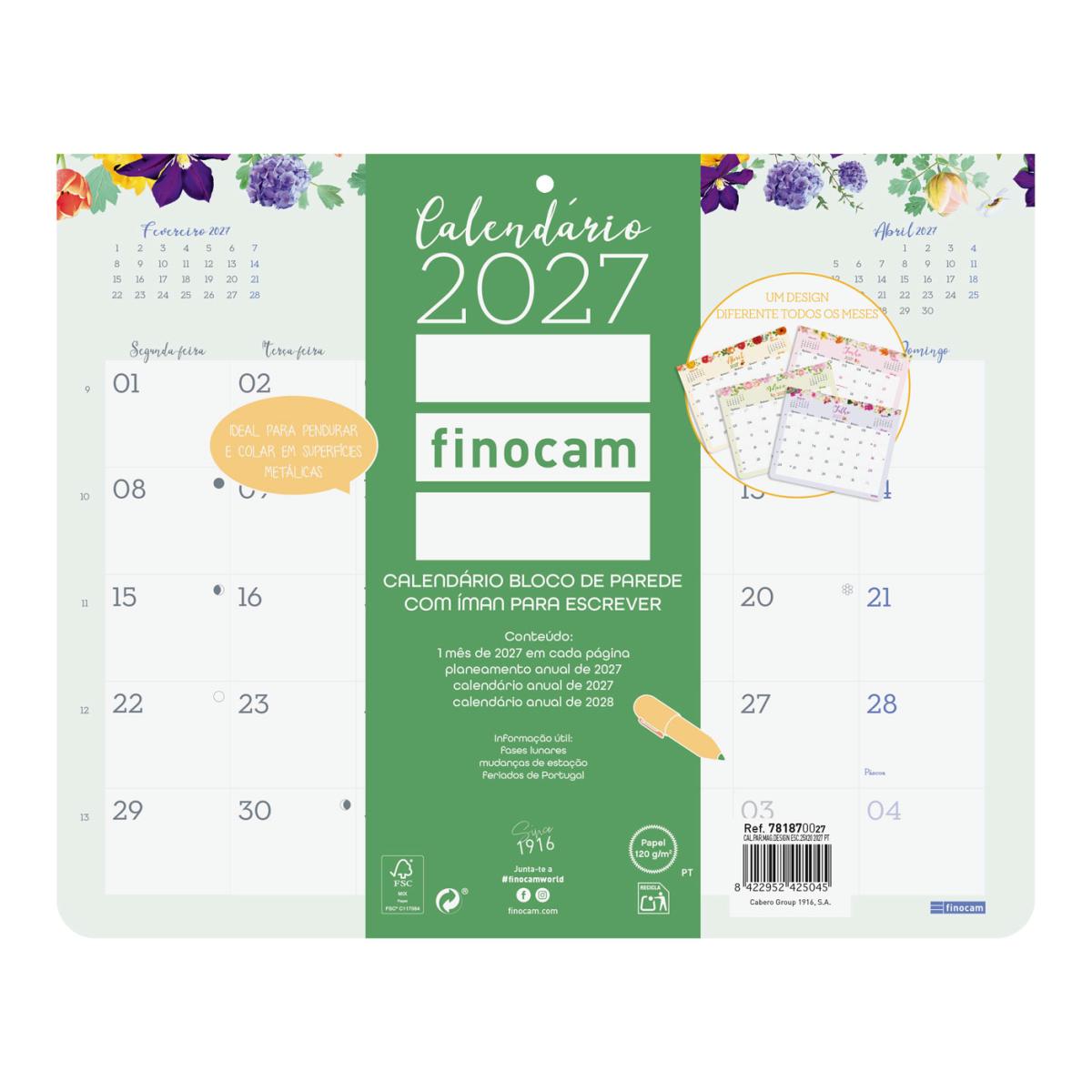Imagem 0 de Calendário de parede com fixação por cola e íman, ano de 2027, Trendy Design, 250 x 200 mm, visualização mensal, Finocam, em português