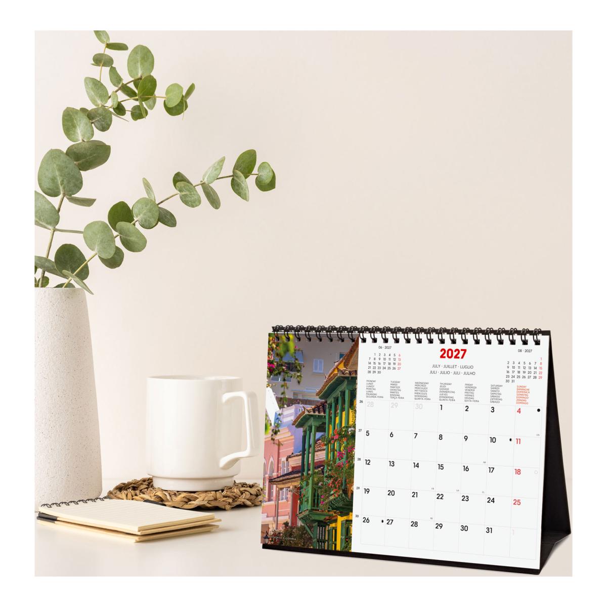 Calendário de secretária para o ano de 2027. Imagens S-210x150 mm. Vista mensal. Traveling Finocam internacional multilingue Multicolor-2