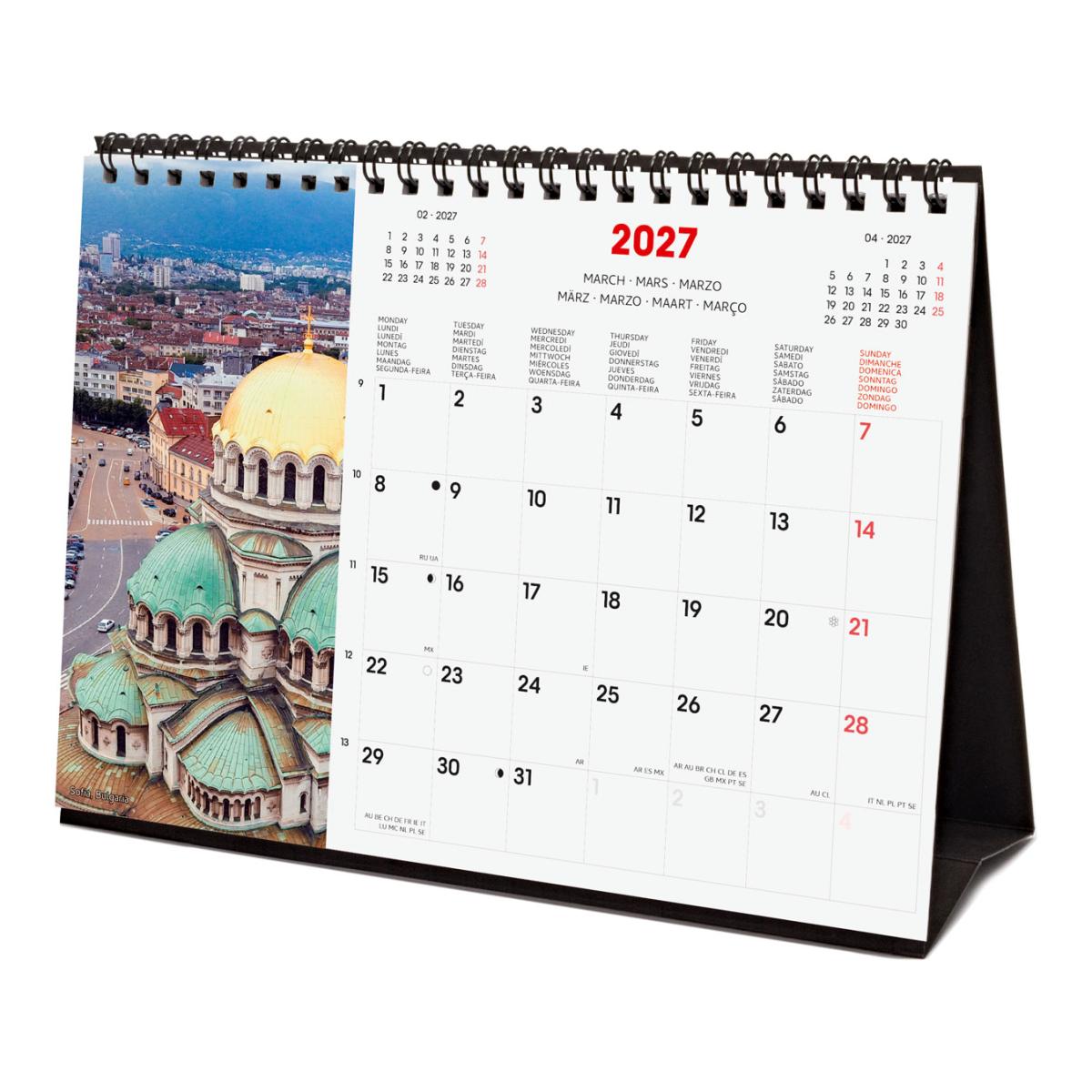 Calendário de secretária para o ano de 2027. Imagens S-210x150 mm. Vista mensal. Traveling Finocam internacional multilingue Multicolor-4
