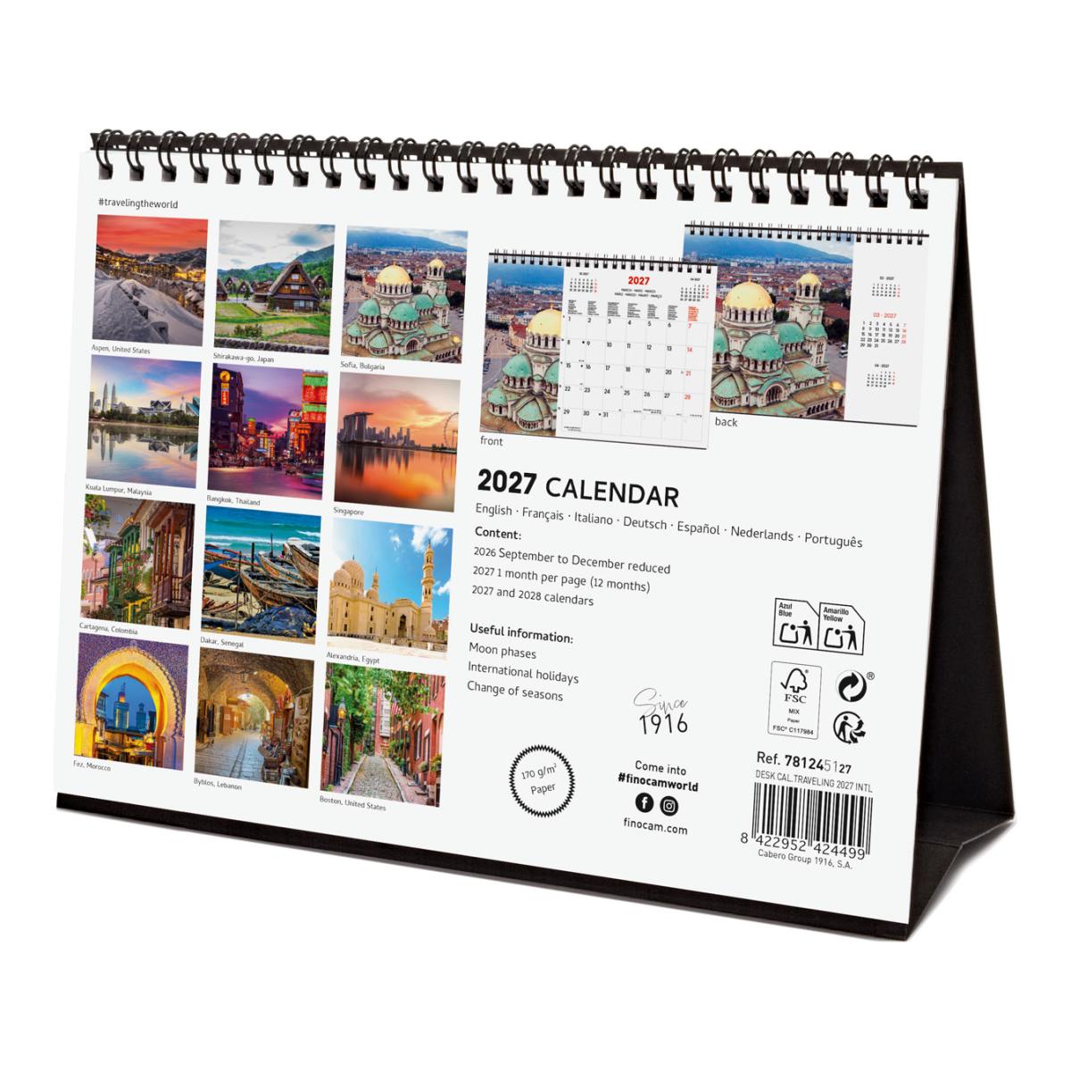 Calendário de secretária para o ano de 2027. Imagens S-210x150 mm. Vista mensal. Traveling Finocam internacional multilingue Multicolor-6