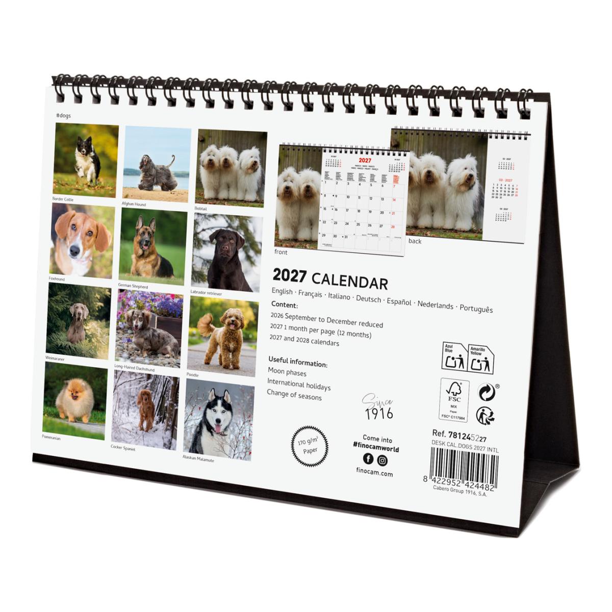 Calendário de secretária para o ano de 2027. Imagens S-210x150 mm. Vista mensal. Cães. Finocam internacional multilingue Multicolor-6