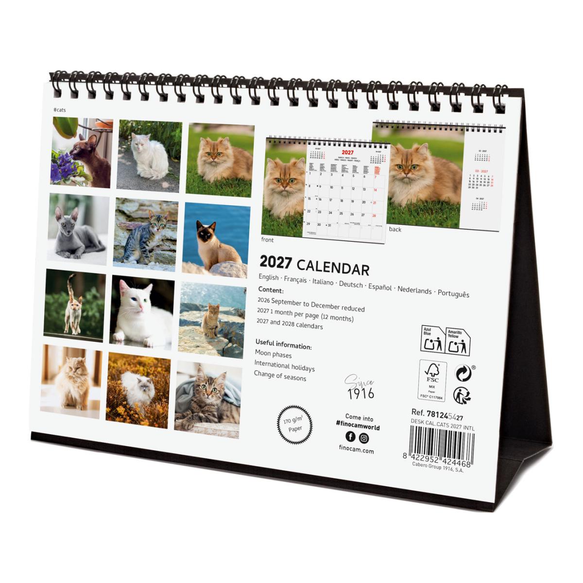 Calendário de secretária para o ano de 2027. Imagens S-210x150 mm. Vista mensal. Cats. Finocam internacional multilingue Multicolor-6