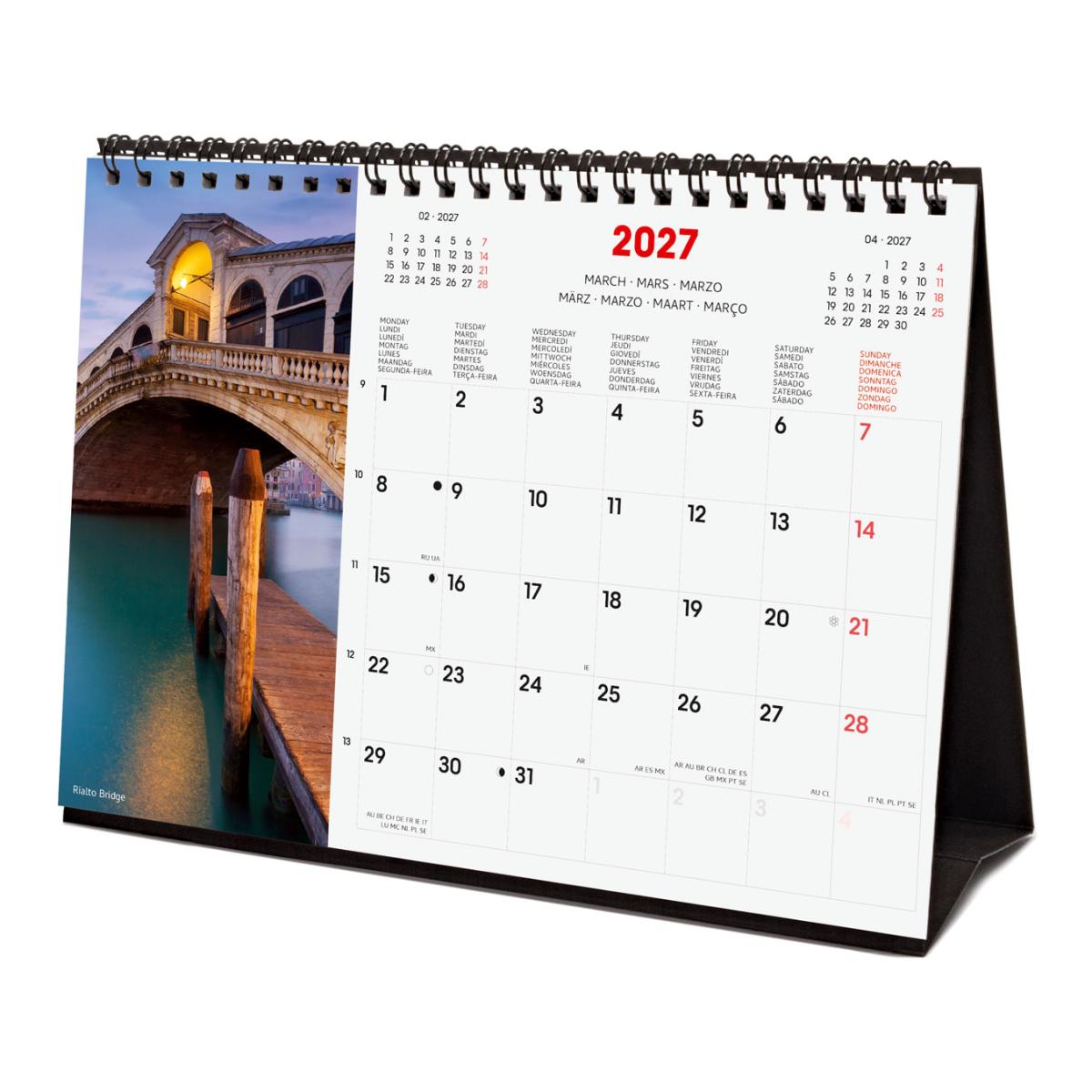 Calendário de secretária para o ano de 2027. Imagens S-210x150 mm. Vista mensal. Venice. Finocam internacional multilingue Multicolor-4