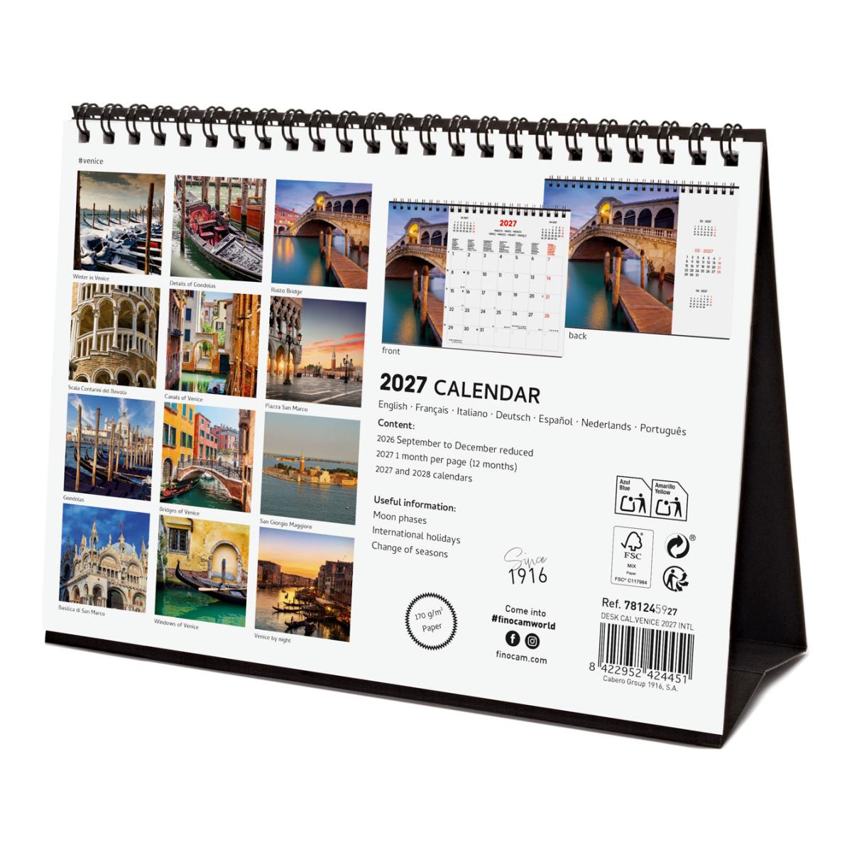 Calendário de secretária para o ano de 2027. Imagens S-210x150 mm. Vista mensal. Venice. Finocam internacional multilingue Multicolor-6
