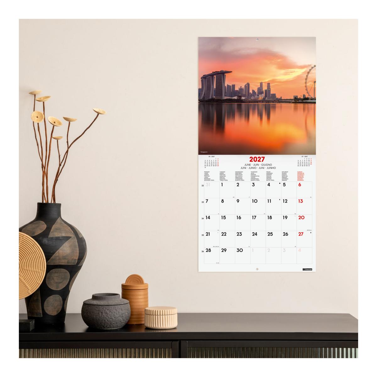 Calendário de parede para o ano de 2027 Imagens 300x300 mm Vista mensal Traveling Finocam internacional multilingue Multicolor-2