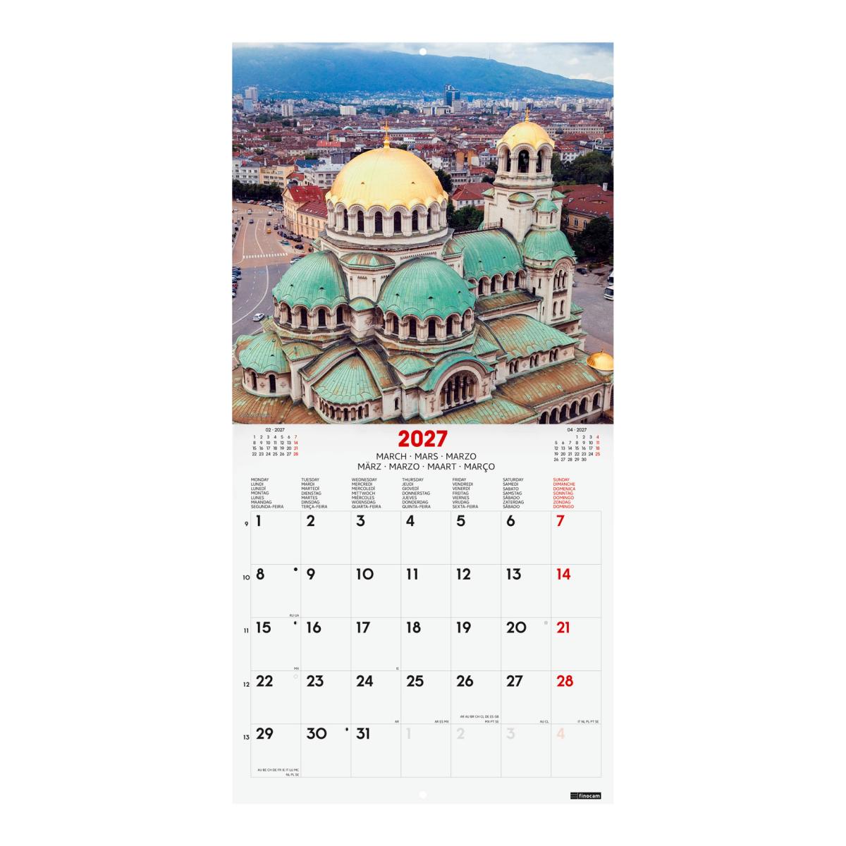 Calendário de parede para o ano de 2027 Imagens 300x300 mm Vista mensal Traveling Finocam internacional multilingue Multicolor-3