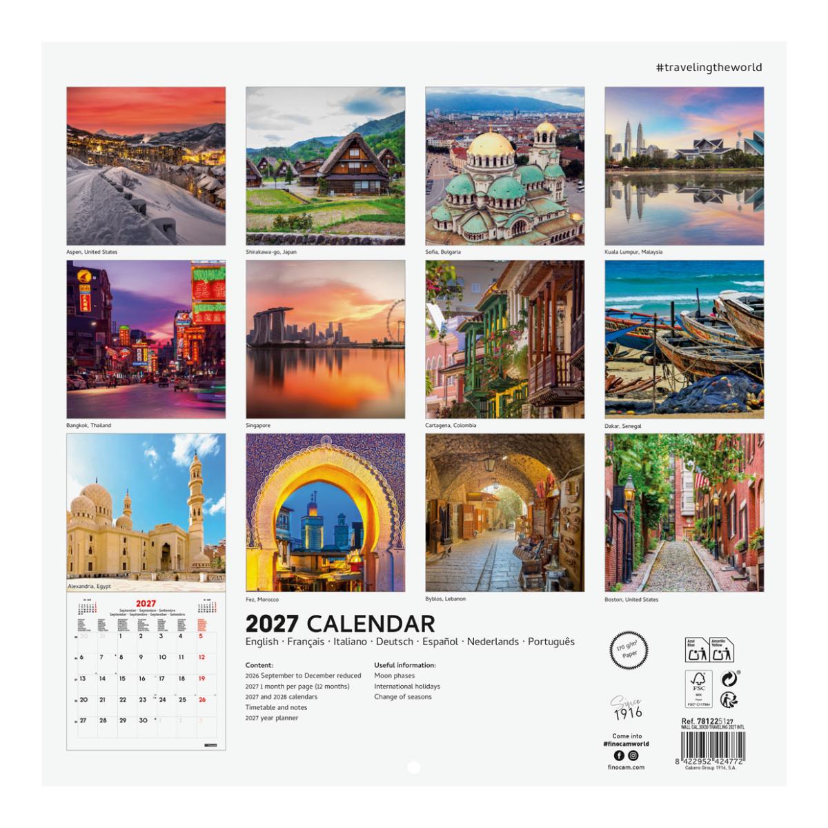 Calendário de parede para o ano de 2027 Imagens 300x300 mm Vista mensal Traveling Finocam internacional multilingue Multicolor-4