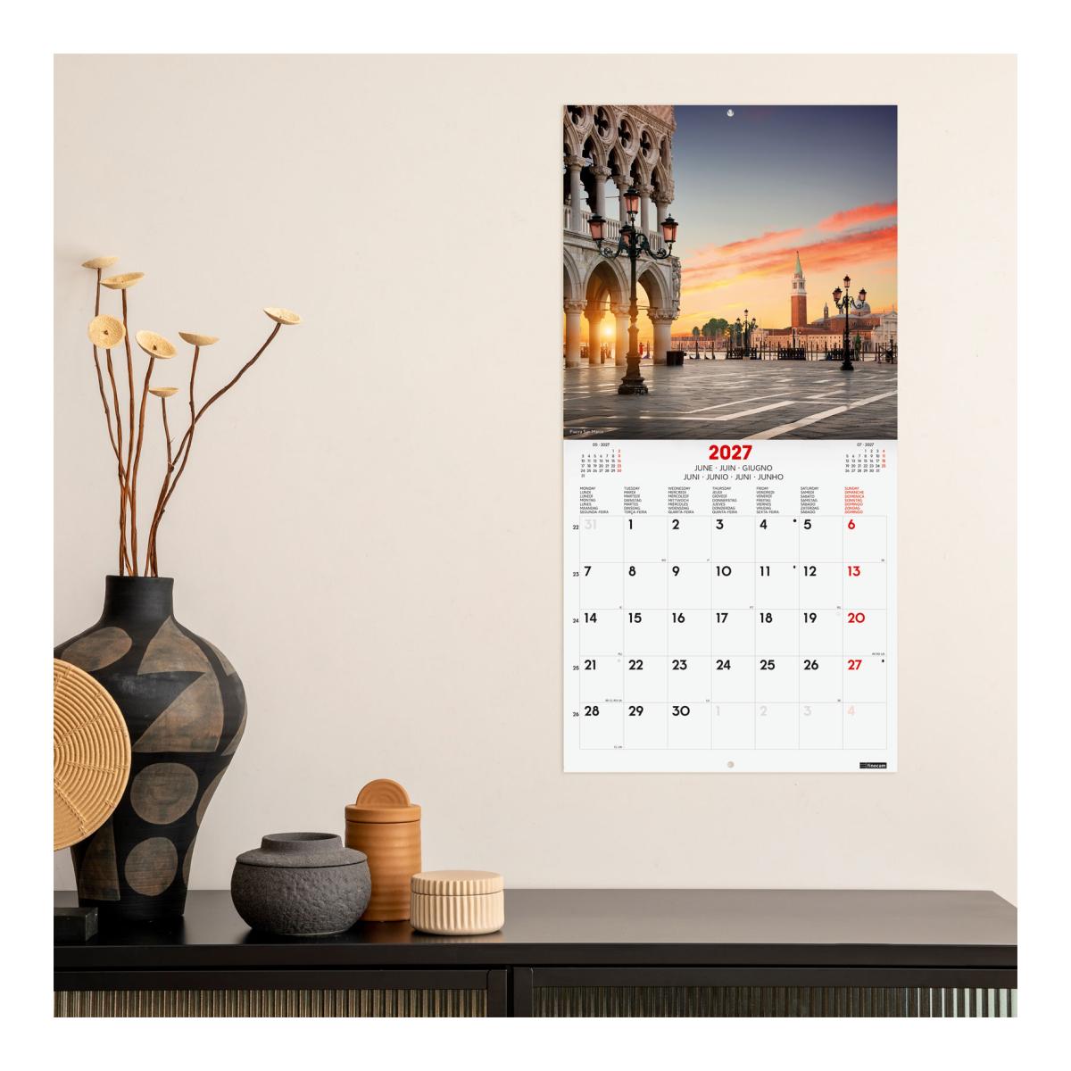 Calendário de parede para o ano de 2027 Imagens 300x300 mm Vista mensal Venice Finocam internacional multilingue Multicolor-2