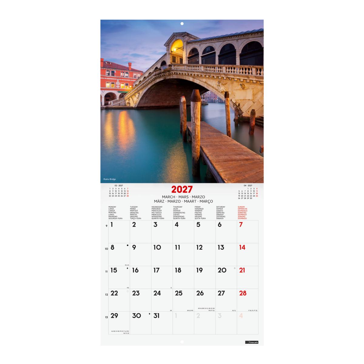 Calendário de parede para o ano de 2027 Imagens 300x300 mm Vista mensal Venice Finocam internacional multilingue Multicolor-3
