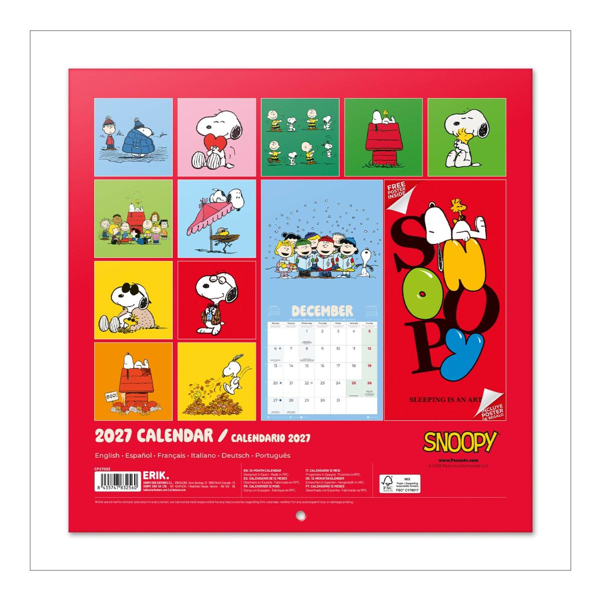 Imagen 2 de Calendario de pared 2027 30x30 16 Meses Peanuts Erik Rojo Multiliingüe Rojo
