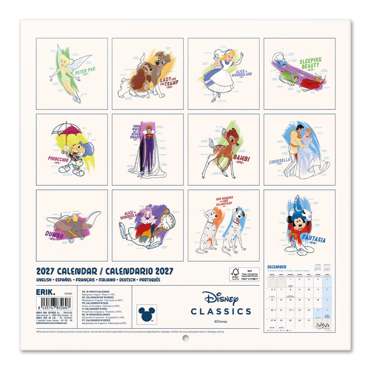Calendario de pared 2027 30x30 16 Meses Disney Erik Blanco Multiliingüe Blanco-2