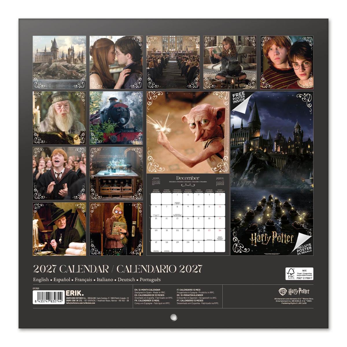 Calendario de pared 2027 30x30 16 Meses Harry Potter Erik Negro Multiliingüe Negro-2