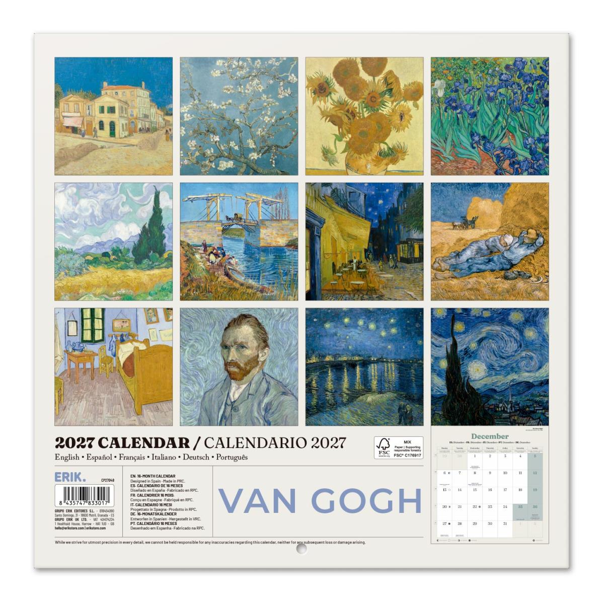 Calendário de Parede 2027 30x30 16 Meses Van Gogh Erik Blue Multiliingüe Azul-2