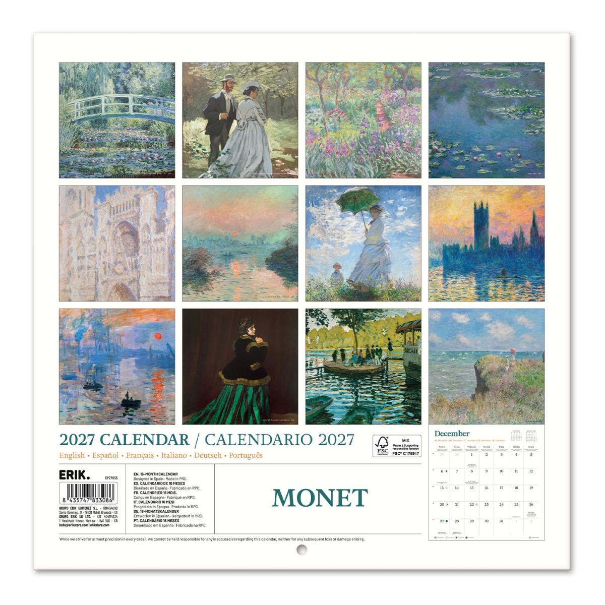 Calendário de Parede 2027 30x30 16 Meses Monet Erik Blue Multiliingüe Azul-2