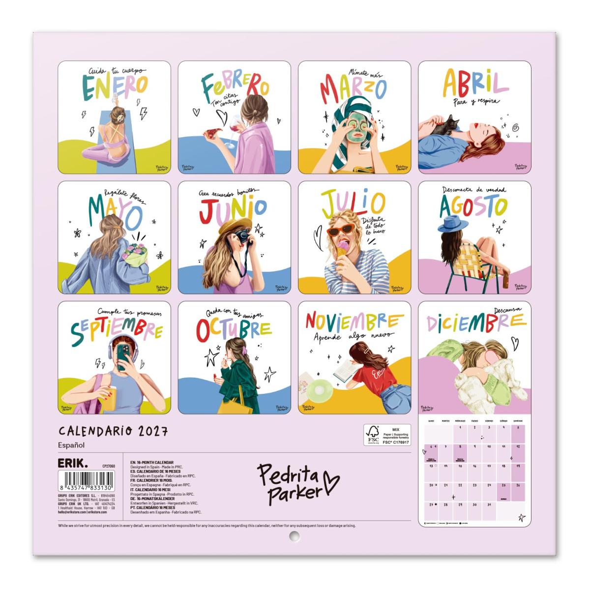 Calendario de pared 2027 30x30 16 Meses Pedrita Parker Erik Blanco Español Blanco-2