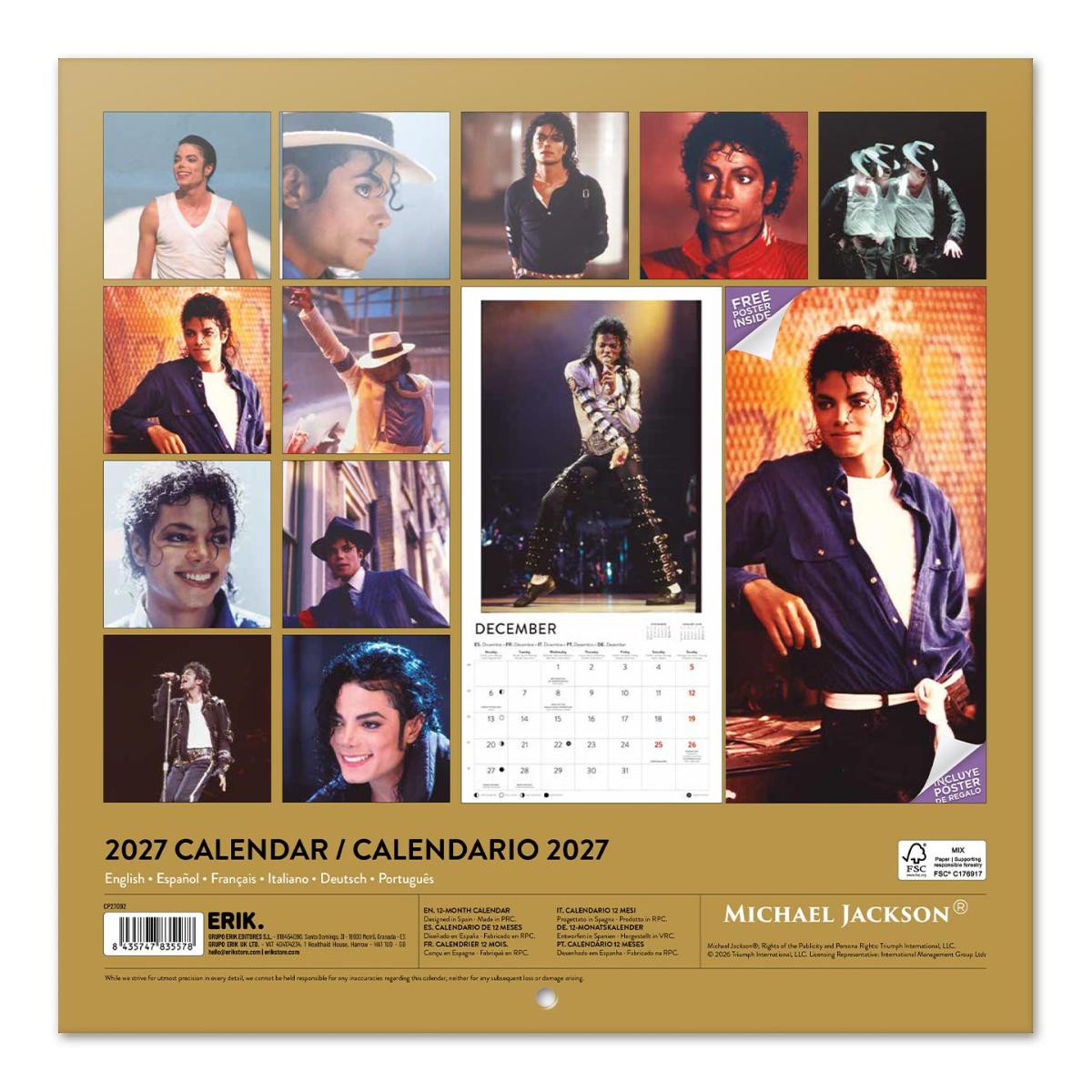 Imagen 2 de Calendario de pared 2027 30x30 16 Meses Michael Jackson Erik Blanco Multiliingüe Blanco