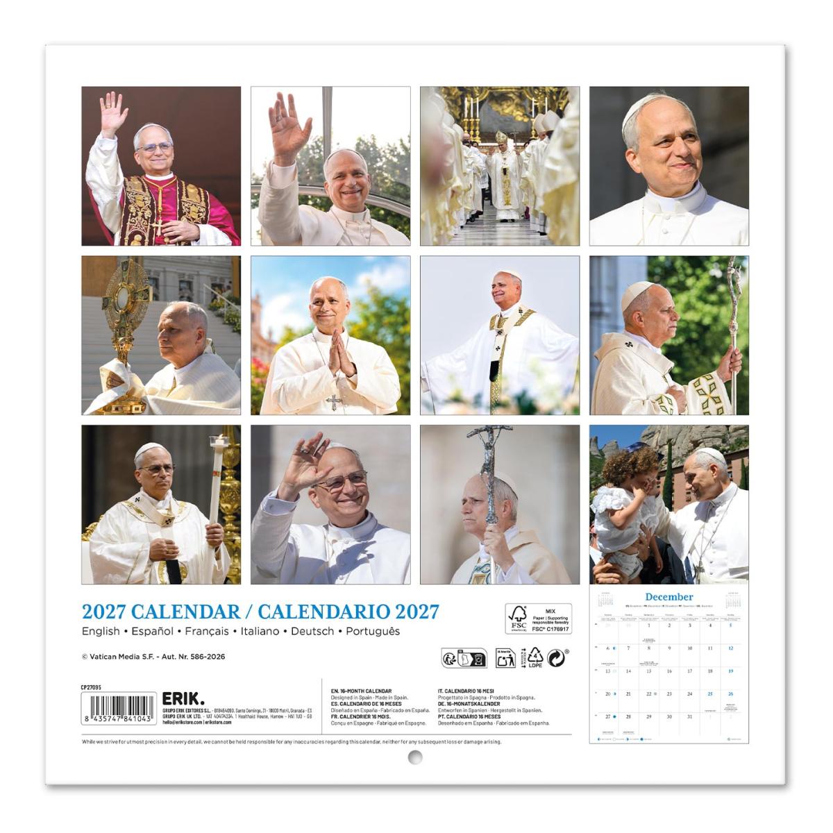 Calendario de pared 2027 30x30 16 Meses Papa Leon Xiv Erik Blanco Multiliingüe Blanco-2