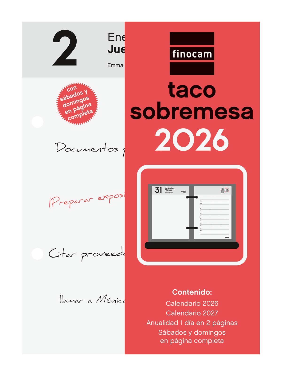 Imagen 0 de Recambio anual año 2026 Taco sobremesa 85x120 mm 2 Páginas Día Finocam castellano