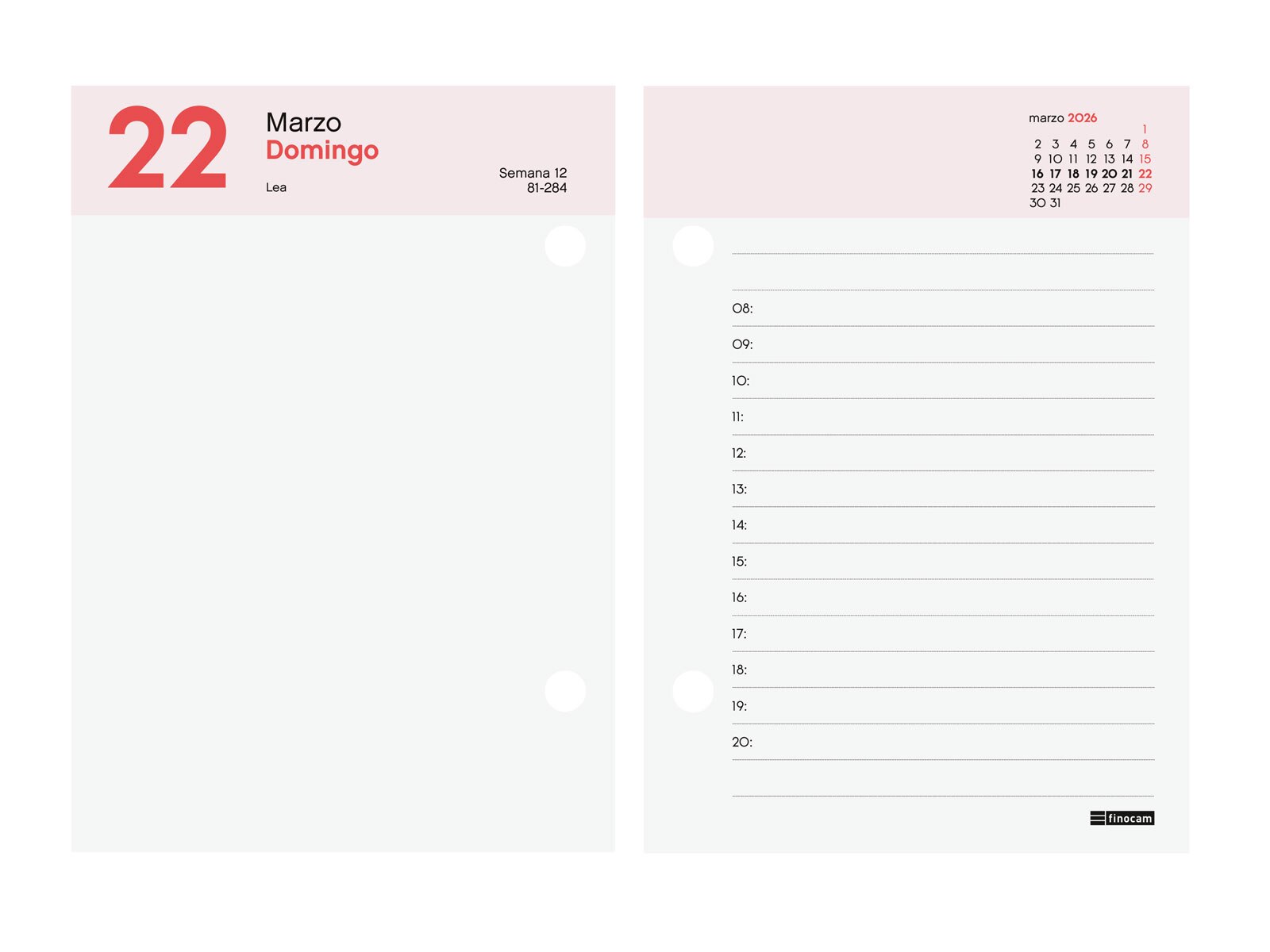 Recambio anual año 2026 Taco sobremesa 85x120 mm 2 Páginas Día Finocam castellano 5