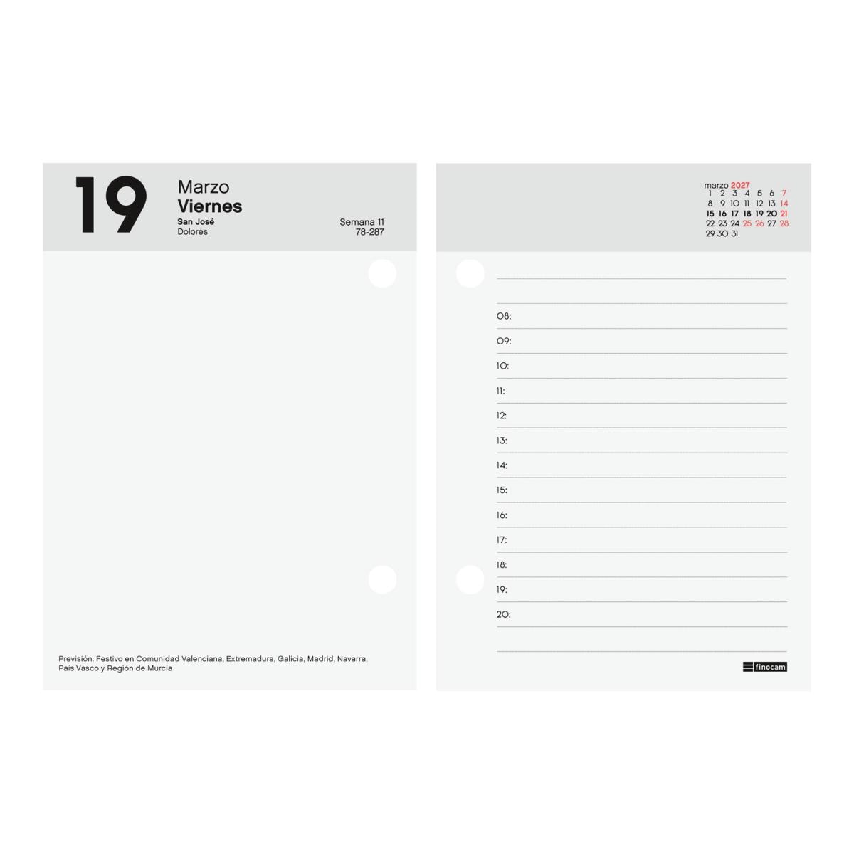 Recambio anual año 2027 Taco sobremesa 85x120 mm 2 Páginas Día Finocam castellano 4