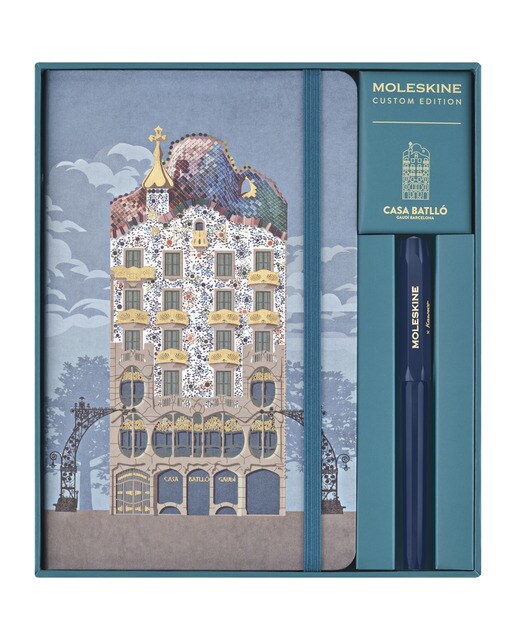 Estojo de coleção com caderno grande de linhas com capa dura, edição limitada Casa Batlló Moleskine multicor e canetas Kaweco azul Multicolor-2