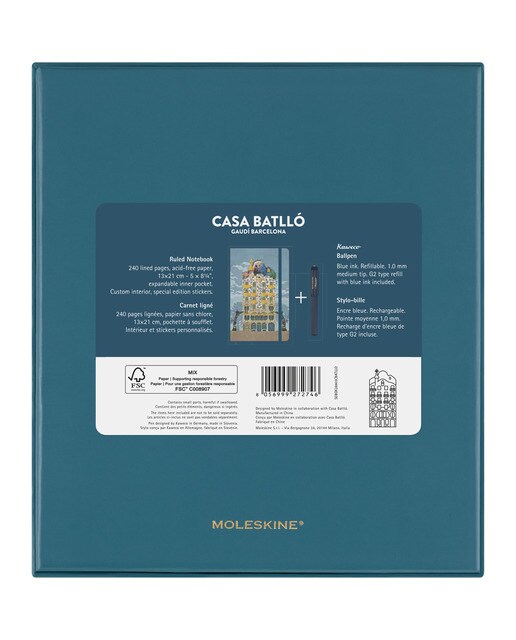 Estojo de coleção com caderno grande de linhas com capa dura, edição limitada Casa Batlló Moleskine multicor e canetas Kaweco azul Multicolor-7