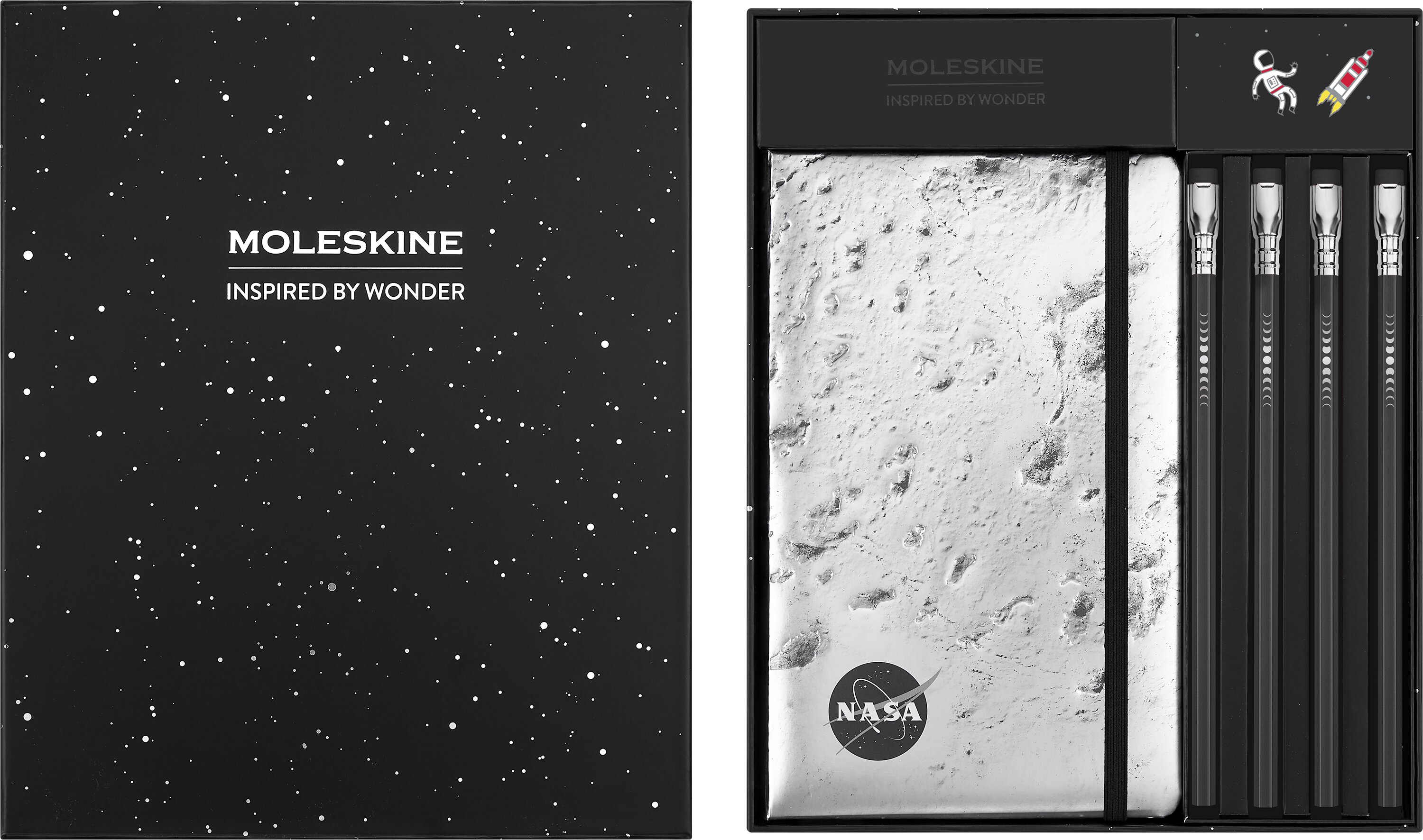Set creativo dibujo NASA Moleskine con cuaderno large hojas rayadas, 4 lápices Blackwing y 2 pines edición limitada NASA Moleskine Negro-2
