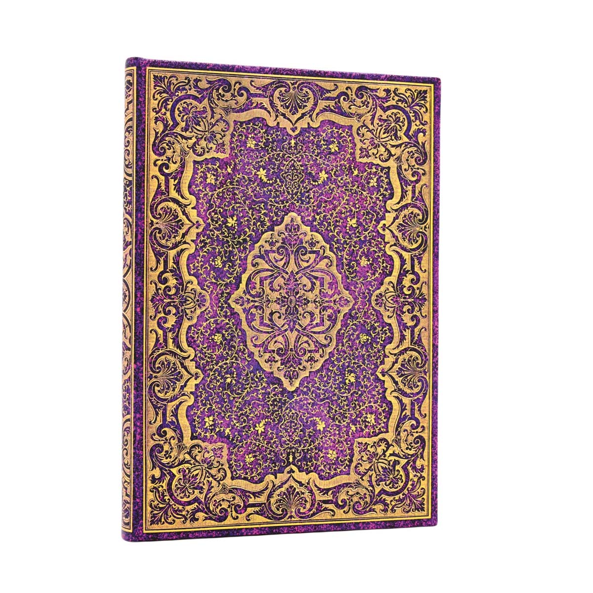 Libreta Picaresca Midi (120x180mm) rayada de 144 páginas cierre con banda elástica cortes del libro impresos Paperblanks morado 1