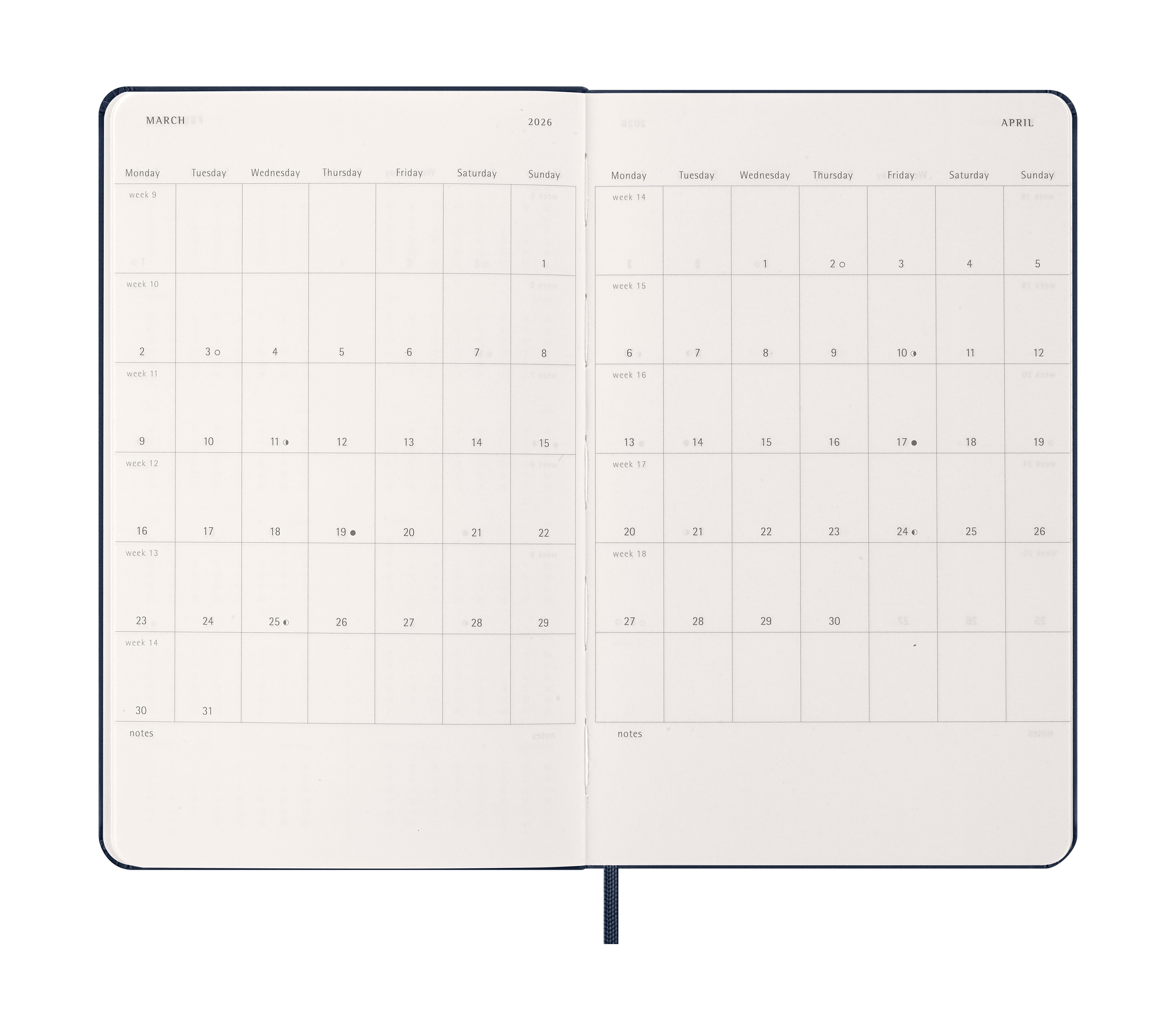 Agenda large 2026 semana vista tapa dura Moleskine azul zafiro en inglés 5